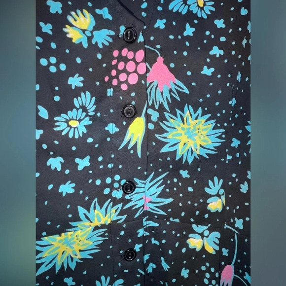 Rokoko Peplum Top Black Floral Button Up Size Medium Boho Long Sleeve Colorful - Picture 2 of 6